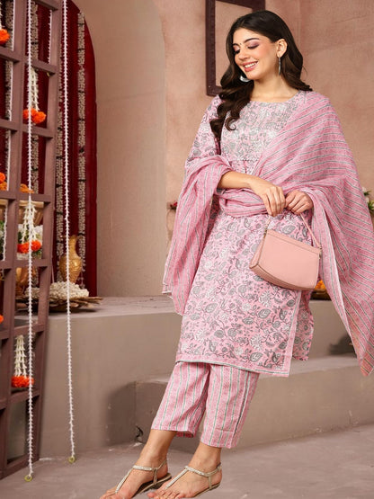 Pink Floral Printed Cotton Kurta Set With Dupatta