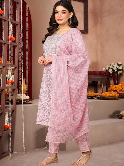 Pink Floral Printed Cotton Kurta Set With Dupatta
