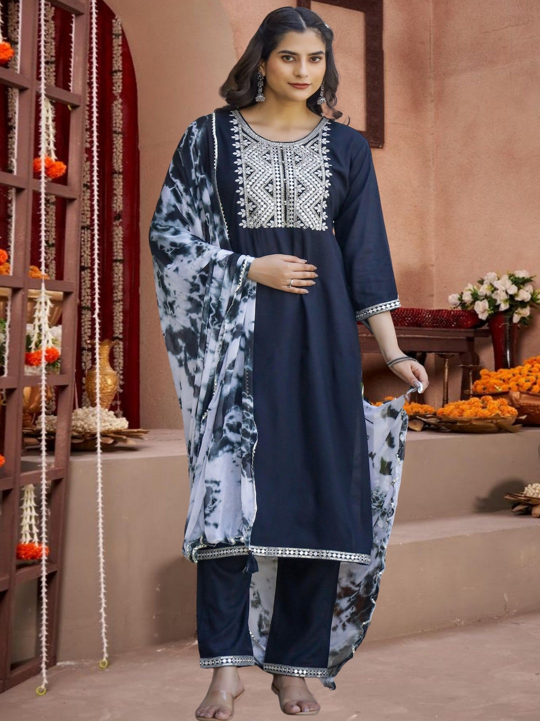 Black Embroidered Cotton Kurta Set With Tie-Dye Dupatta
