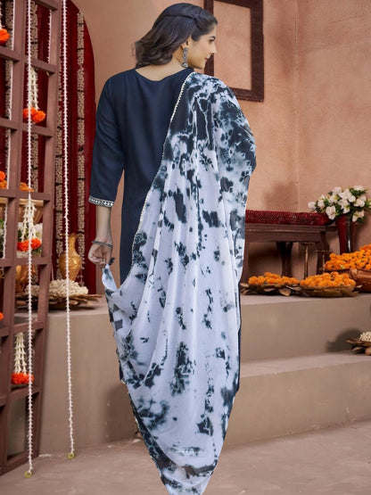 Black Embroidered Cotton Kurta Set With Tie-Dye Dupatta