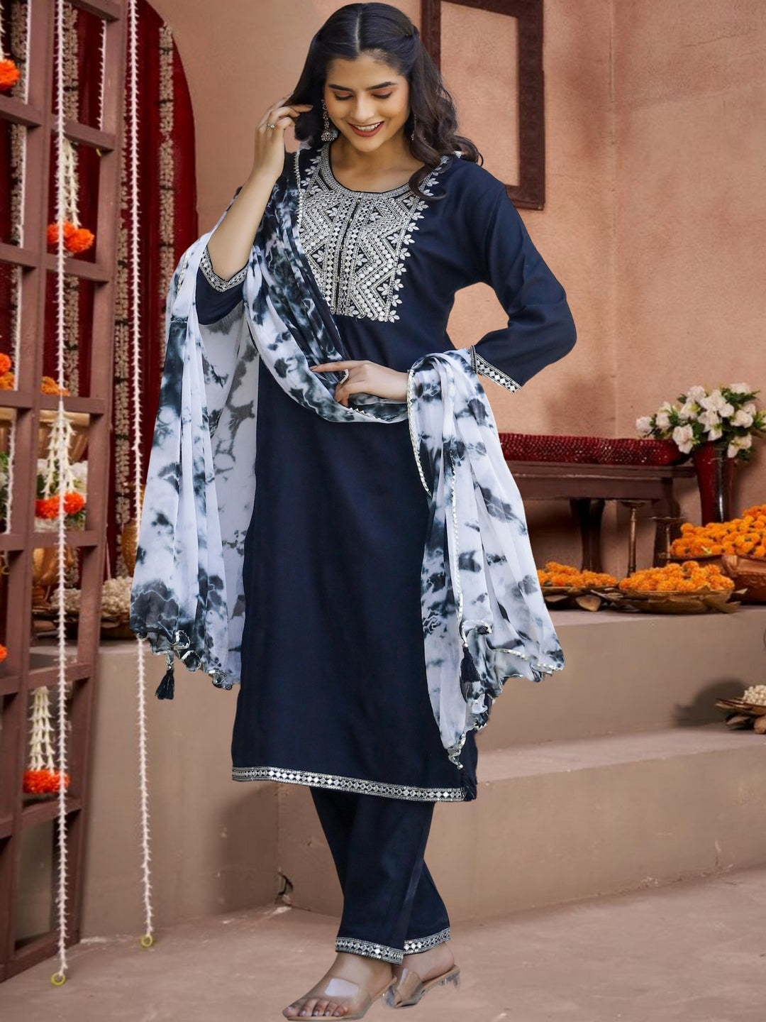 Black Embroidered Cotton Kurta Set With Tie-Dye Dupatta