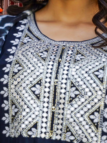 Black Embroidered Cotton Kurta Set With Tie-Dye Dupatta