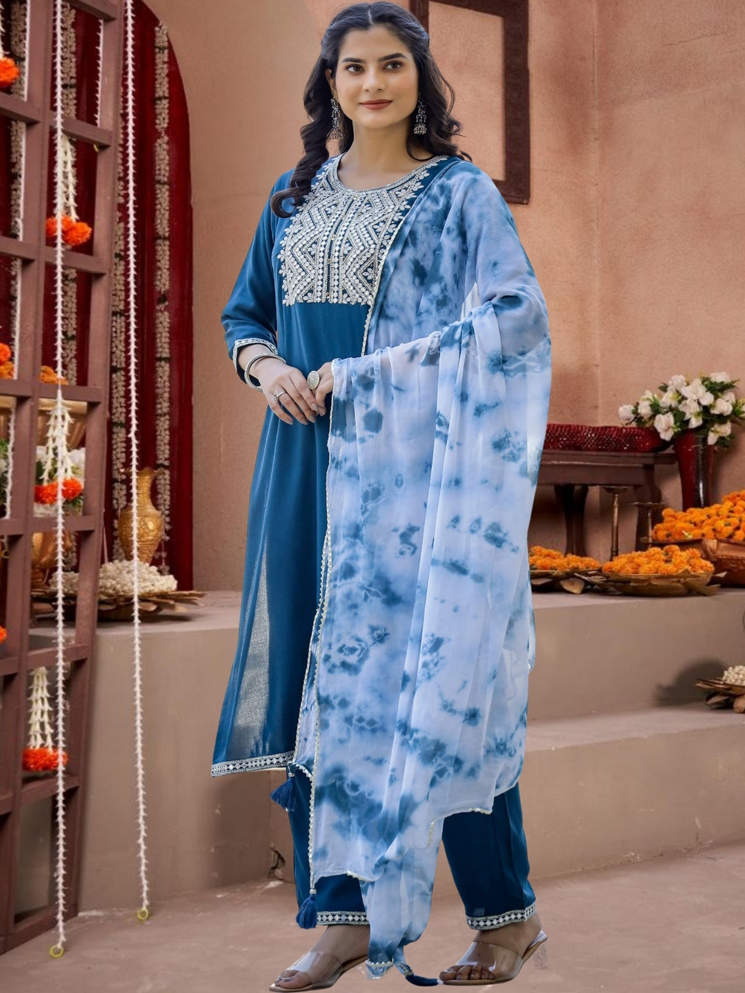 Blue Embroidered Cotton Kurta Set With Tie-Dye Dupatta