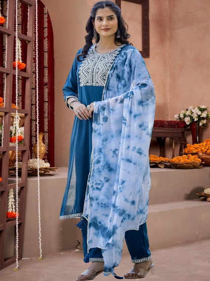Blue Embroidered Cotton Kurta Set With Tie-Dye Dupatta