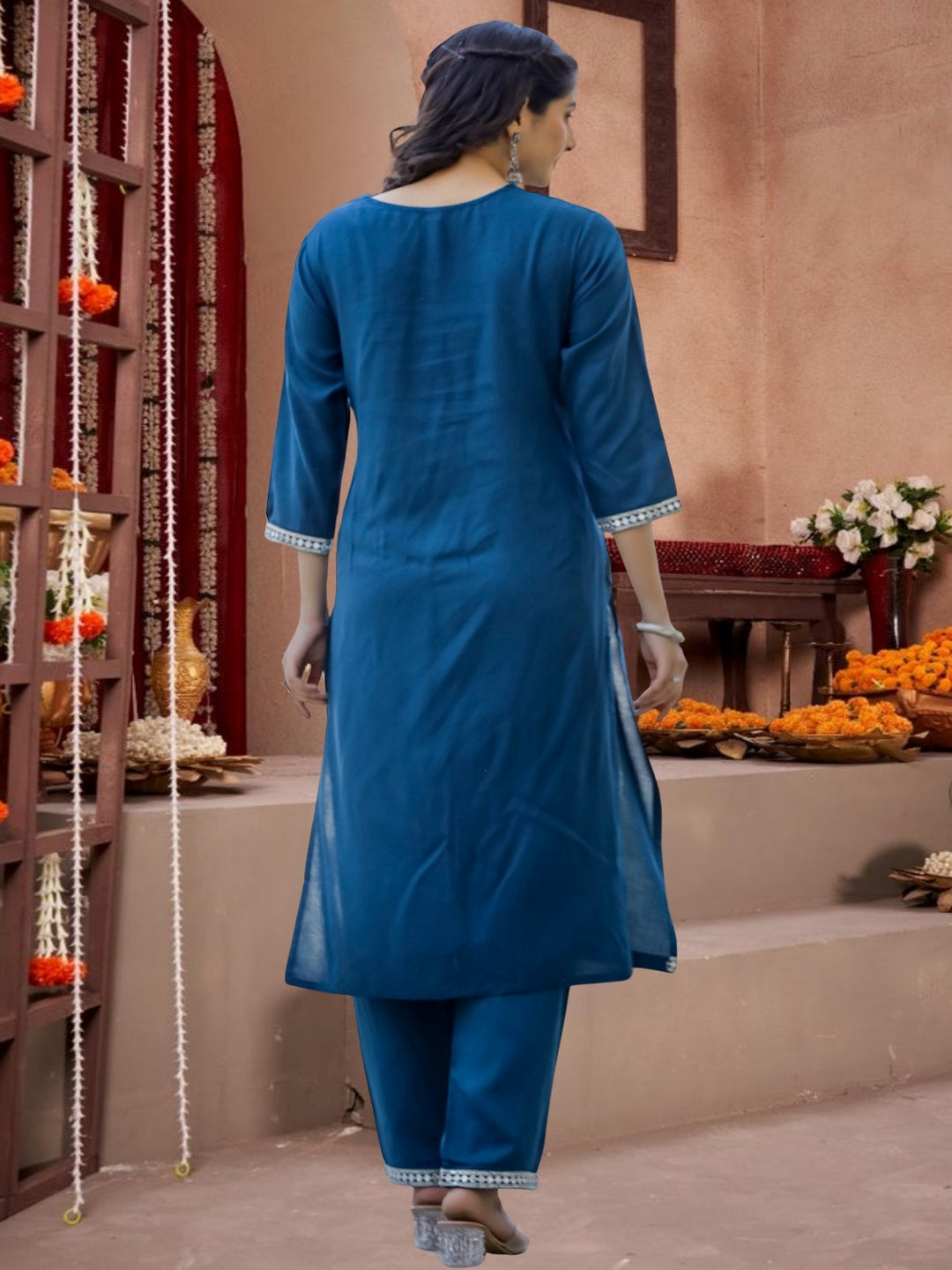 Blue Embroidered Cotton Kurta Set With Tie-Dye Dupatta
