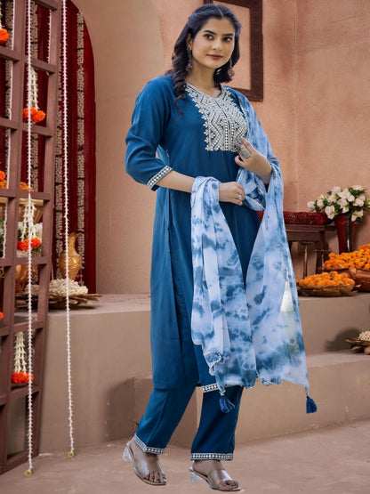 Blue Embroidered Cotton Kurta Set With Tie-Dye Dupatta