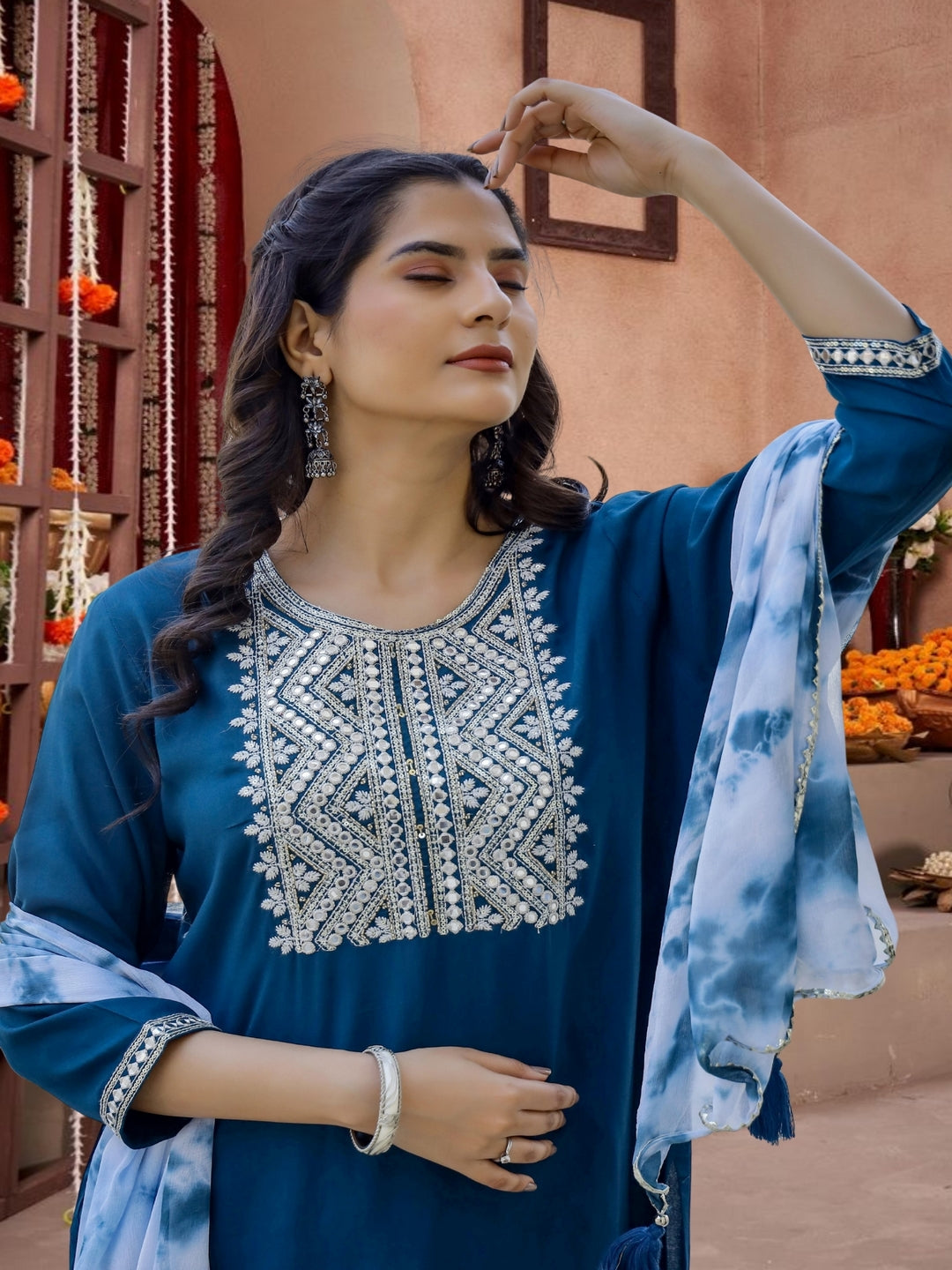 Blue Embroidered Cotton Kurta Set With Tie-Dye Dupatta