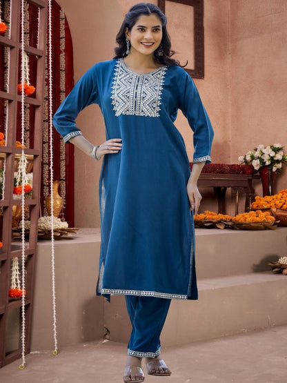 Blue Embroidered Cotton Kurta Set With Tie-Dye Dupatta