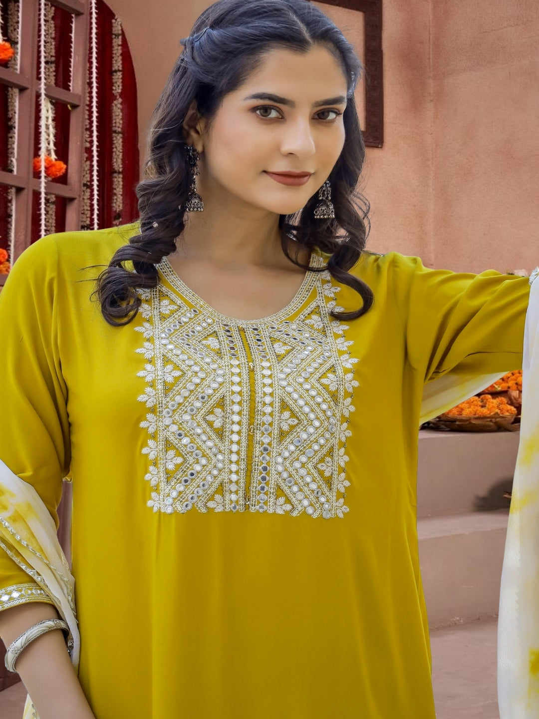 Yellow Embroidered Cotton Kurta Set With Tie-Dye Dupatta