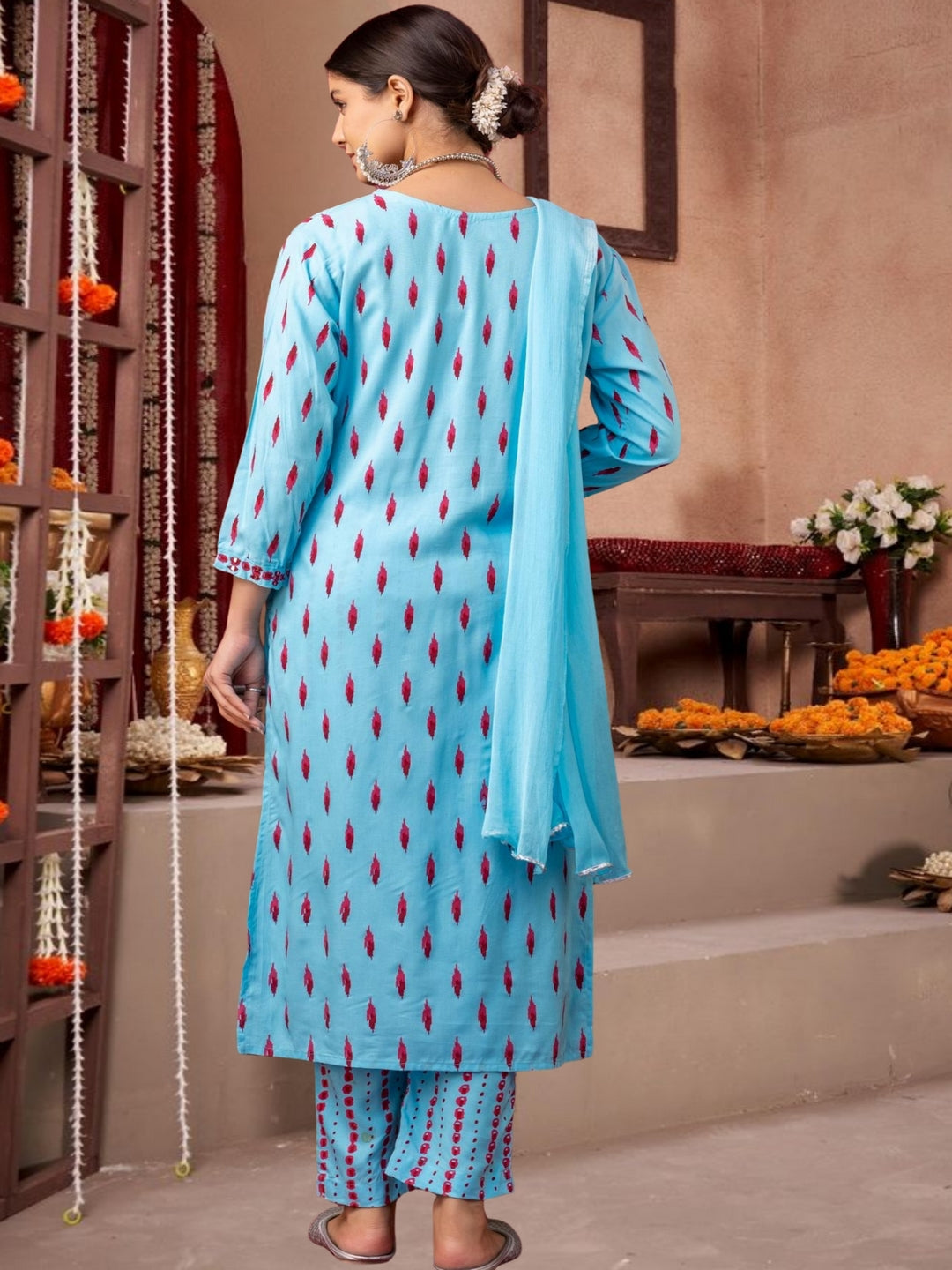 Sky Blue Ikat Print Cotton Kurta Set With Dupatta