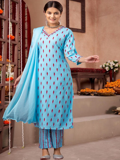 Sky Blue Ikat Print Cotton Kurta Set With Dupatta