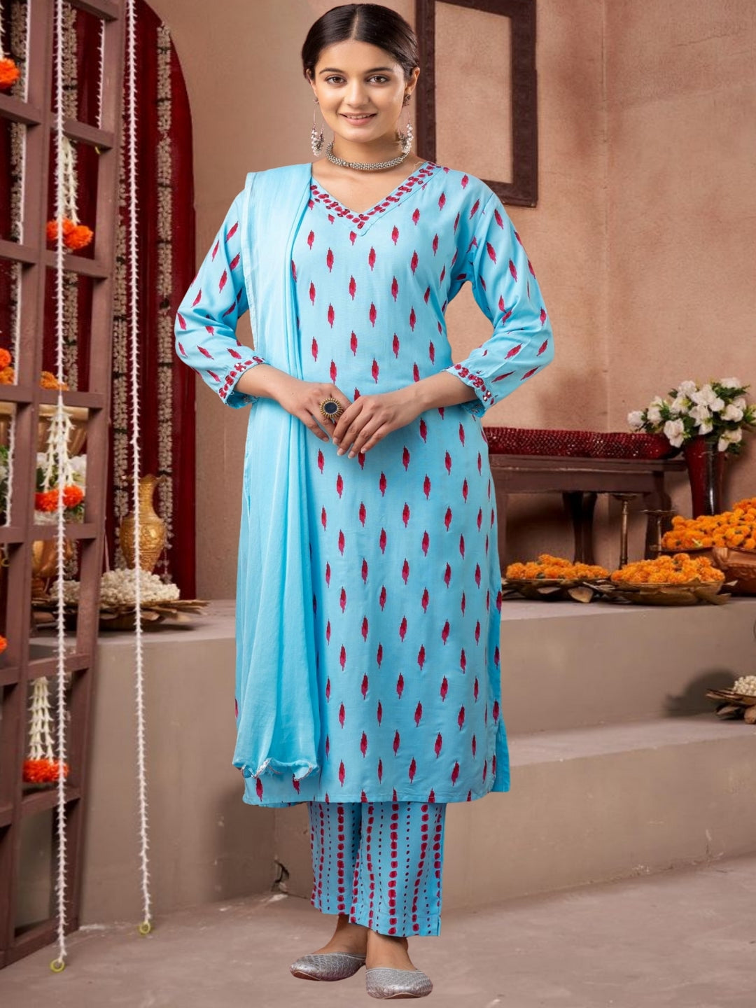 Sky Blue Ikat Print Cotton Kurta Set With Dupatta