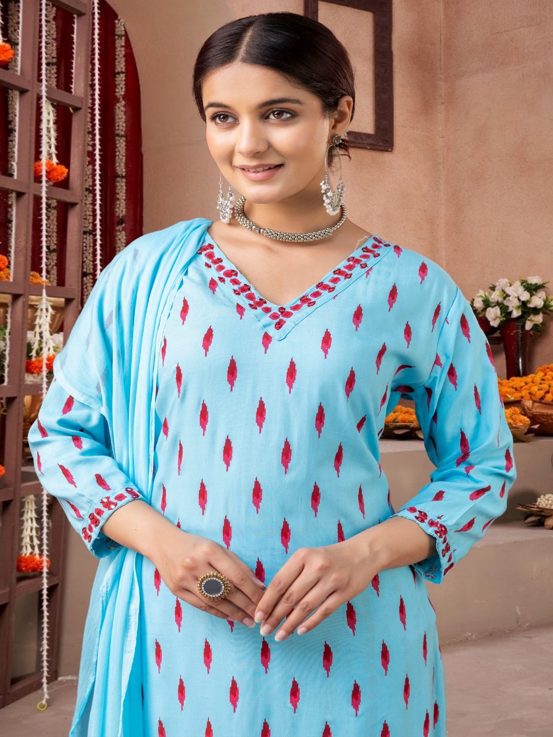Sky Blue Ikat Print Cotton Kurta Set With Dupatta