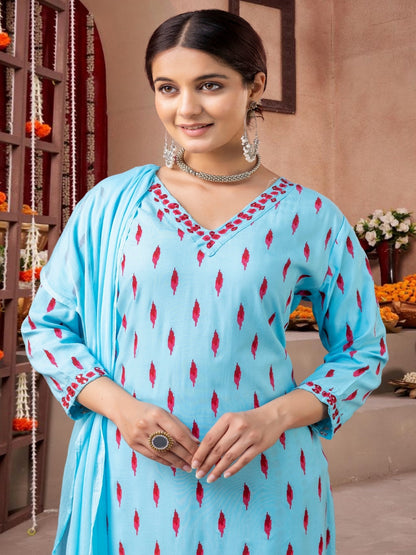 Sky Blue Ikat Print Cotton Kurta Set With Dupatta