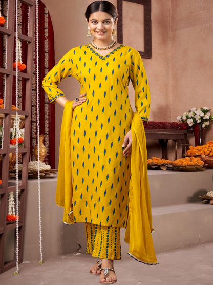 Yellow Ikat Print Cotton Kurta Set With Dupatta
