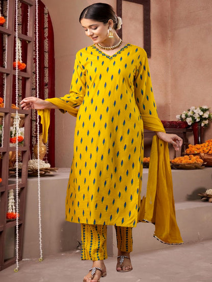 Yellow Ikat Print Cotton Kurta Set With Dupatta