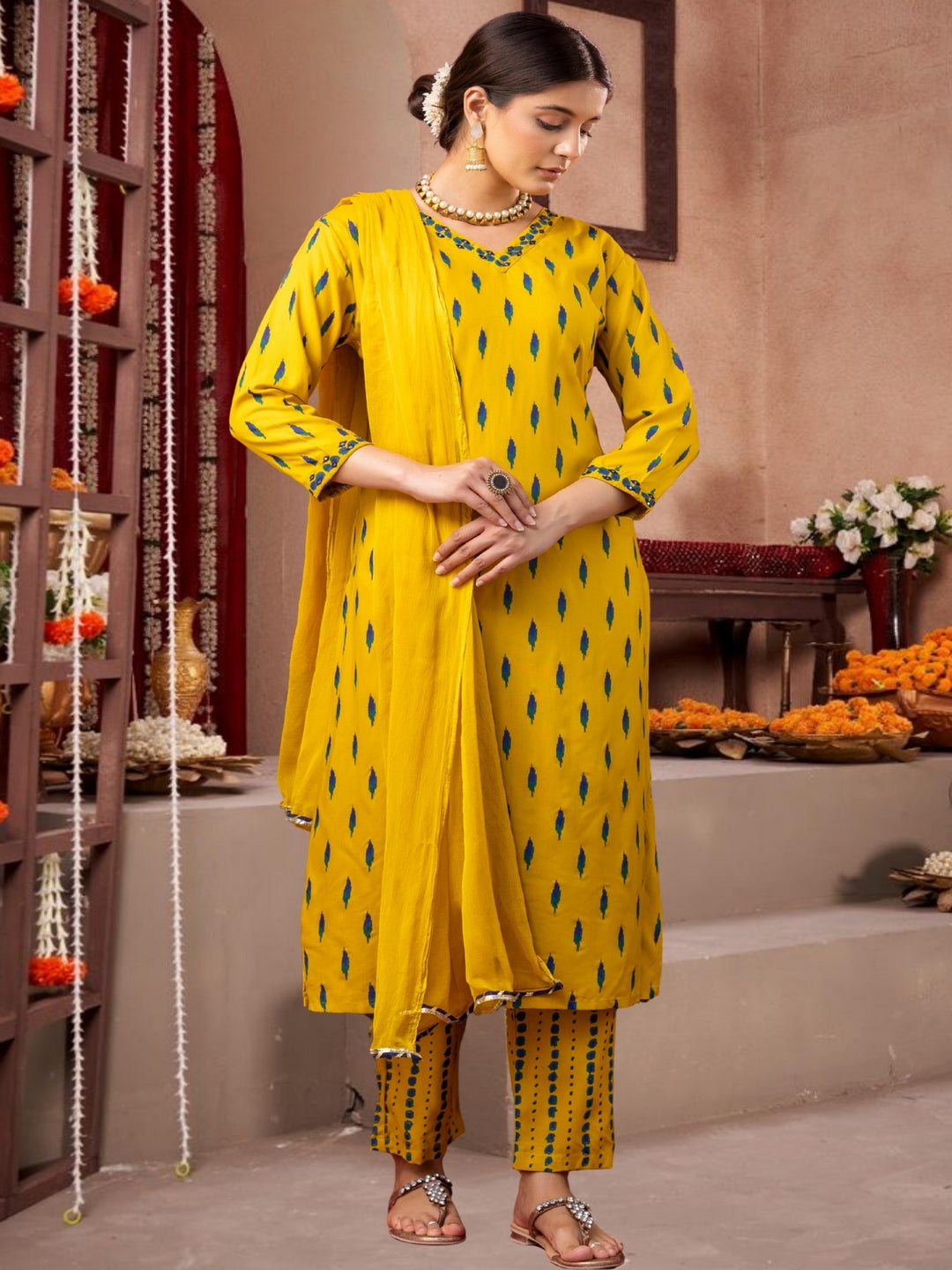 Yellow Ikat Print Cotton Kurta Set With Dupatta