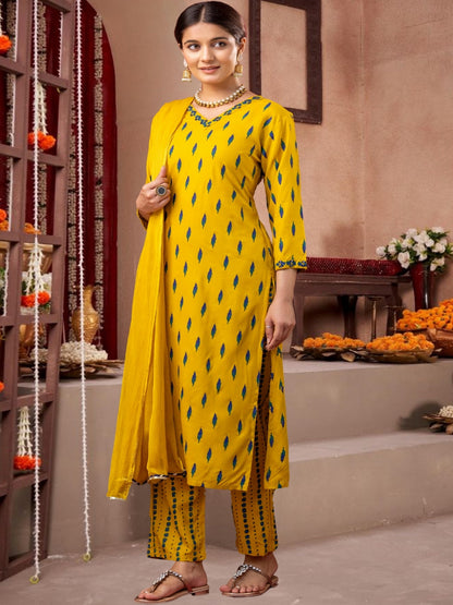 Yellow Ikat Print Cotton Kurta Set With Dupatta