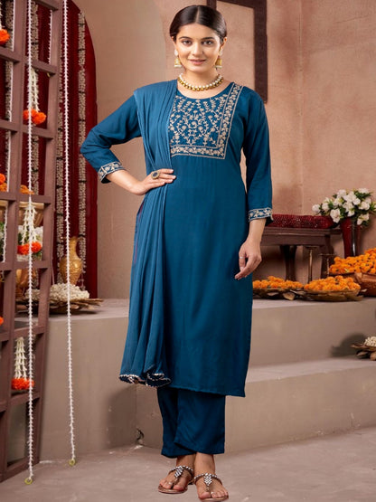 Teal Blue  Straight Kurta Set With Dupatta