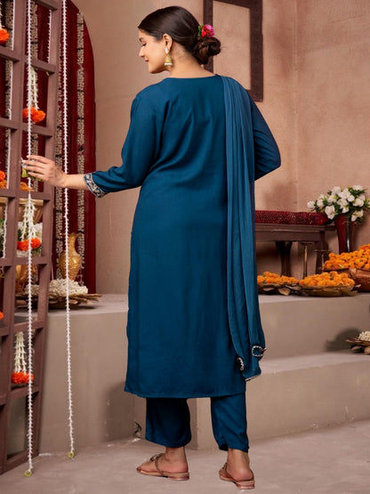 Teal Blue  Straight Kurta Set With Dupatta