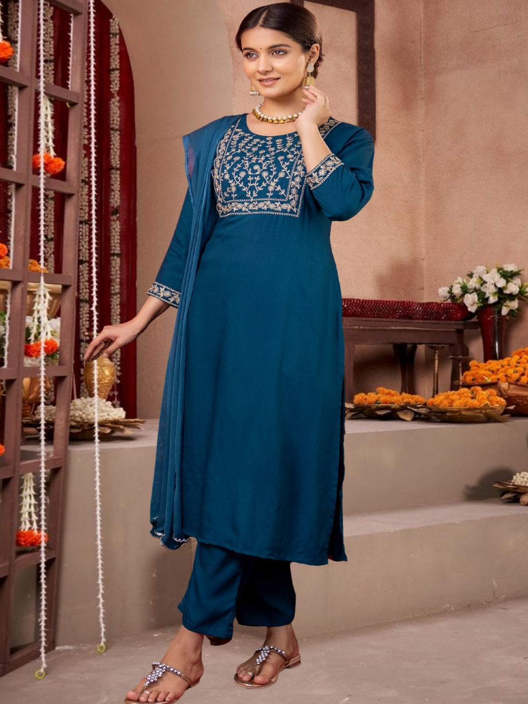 Teal Blue  Straight Kurta Set With Dupatta