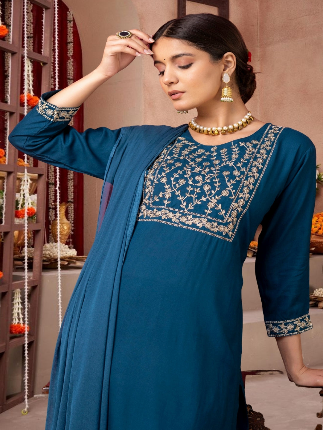 Teal Blue  Straight Kurta Set With Dupatta