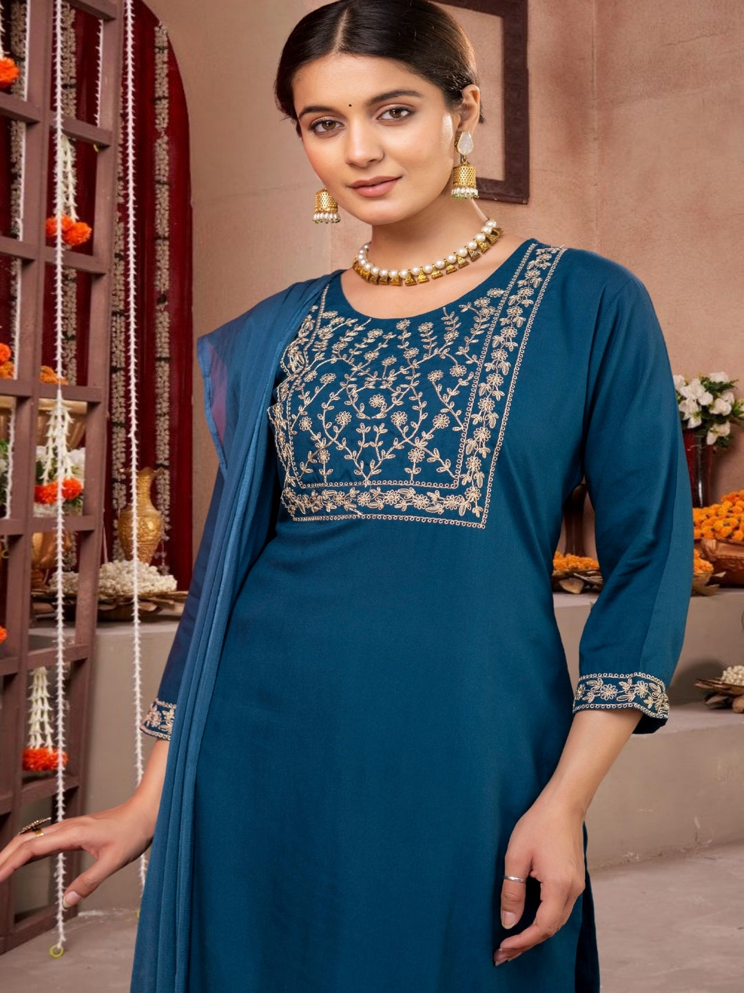 Teal Blue  Straight Kurta Set With Dupatta