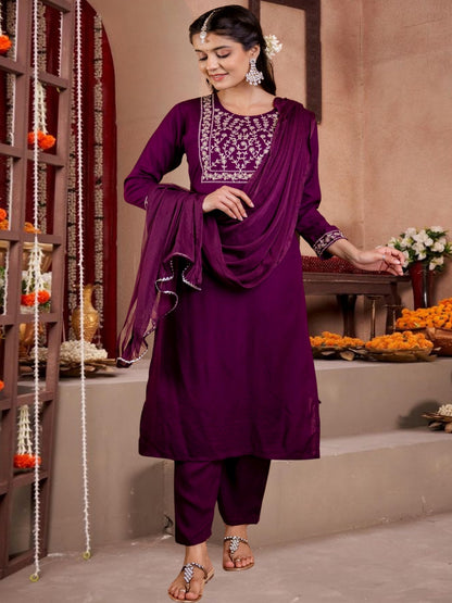 Maroon  Straight Kurta Set With Dupatta