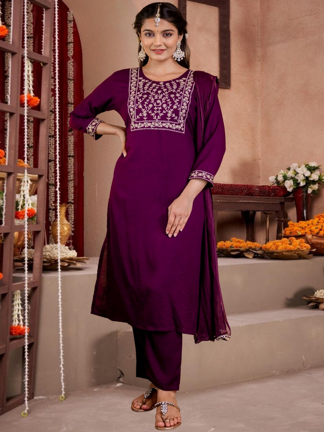 Maroon  Straight Kurta Set With Dupatta