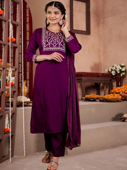 Maroon  Straight Kurta Set With Dupatta