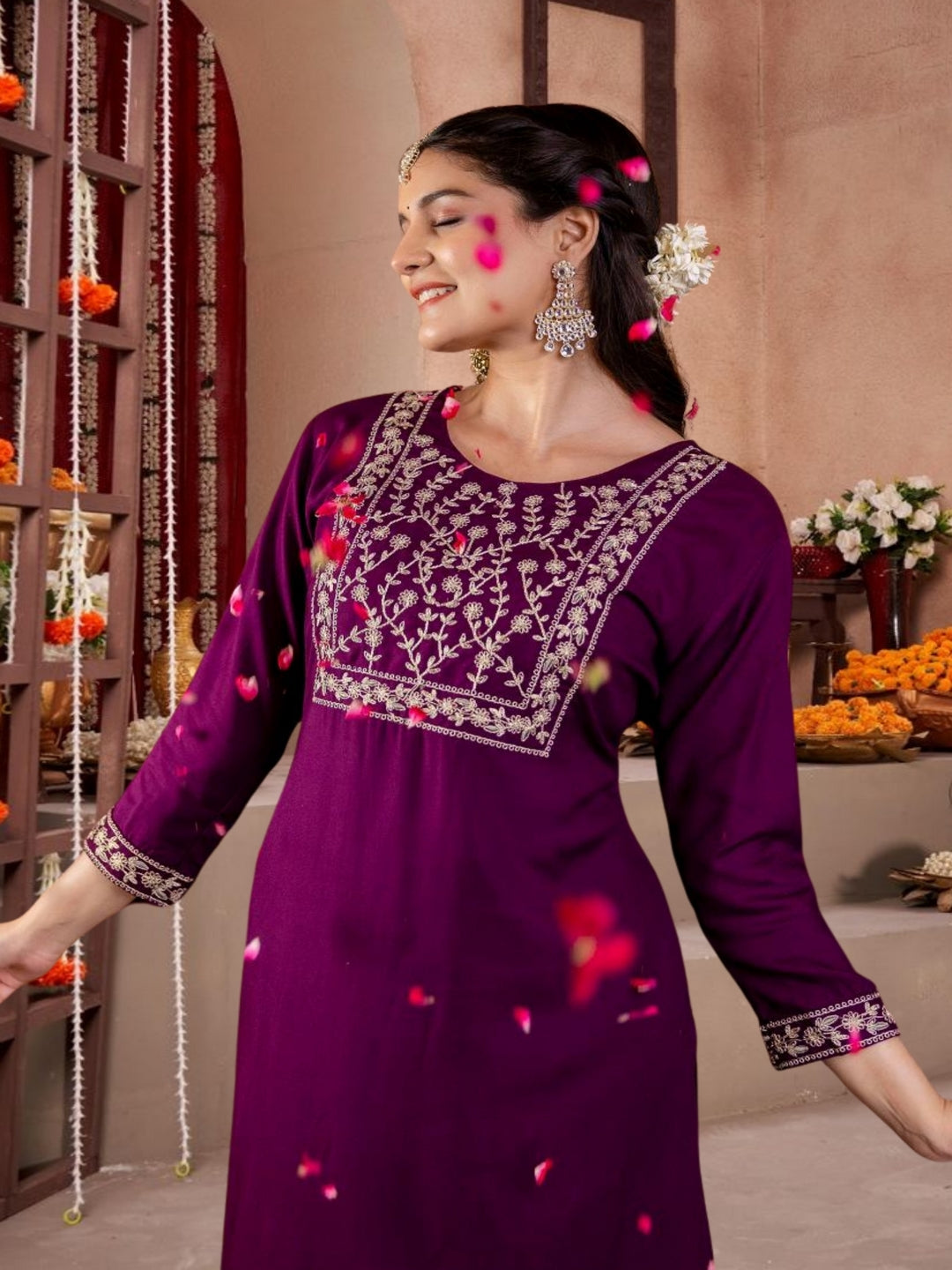 Maroon  Straight Kurta Set With Dupatta