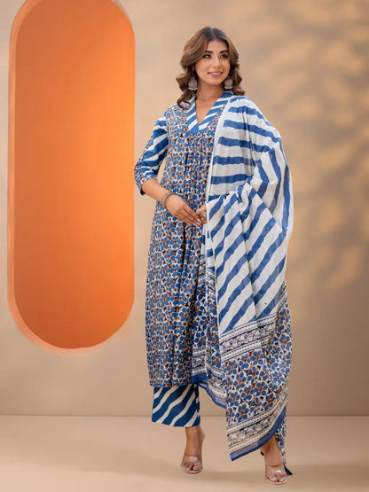 Blue Printed A-Line Kurta Set With Striped Pants & Dupatta.