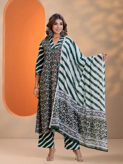 Dark Green Printed A-Line Kurta Set With Striped Pants & Dupatta.