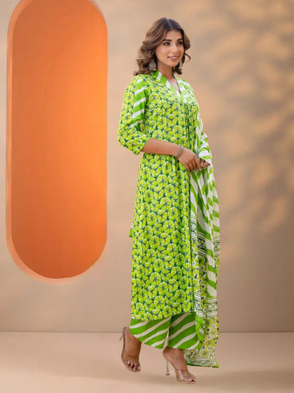 Green Printed A-Line Kurta Set With Striped Pants & Dupatta.