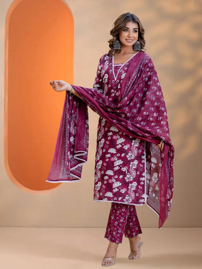 Purple Floral Printed Straight Kurta Set With Dupatta.