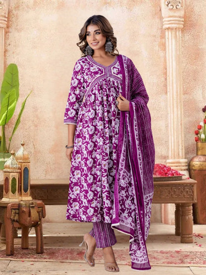 Purple Floral Printed Gathered Kurta Set With Striped Dupatta