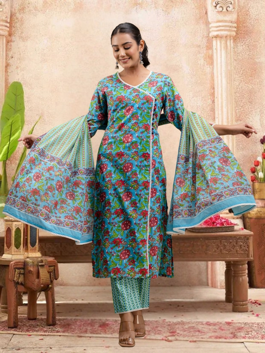 Floral Bliss Blue Cotton Kurta Set With Dupatta.
