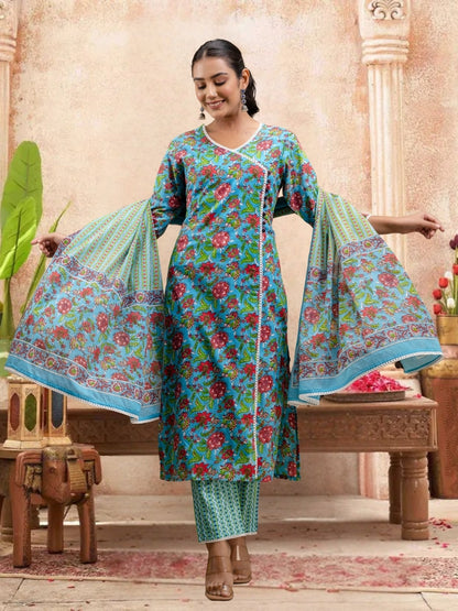 Floral Bliss Blue Cotton Kurta Set With Dupatta.
