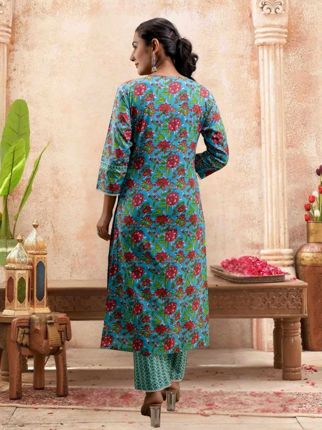 Floral Bliss Blue Cotton Kurta Set With Dupatta.