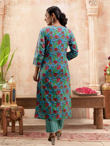 Floral Bliss Blue Cotton Kurta Set With Dupatta.