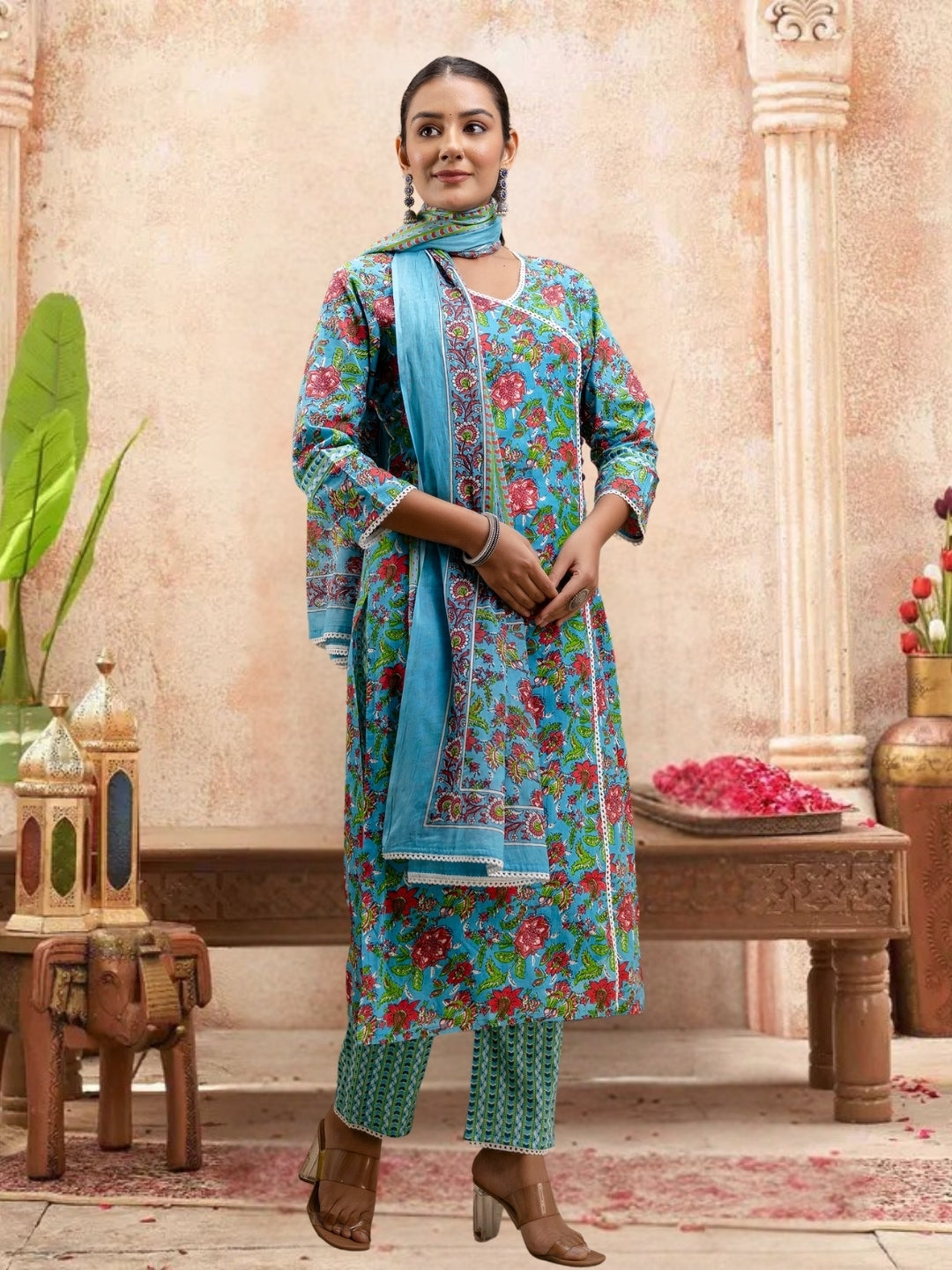 Floral Bliss Blue Cotton Kurta Set With Dupatta.