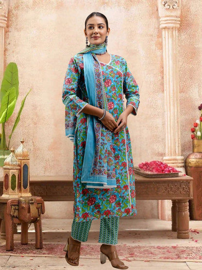 Floral Bliss Blue Cotton Kurta Set With Dupatta.