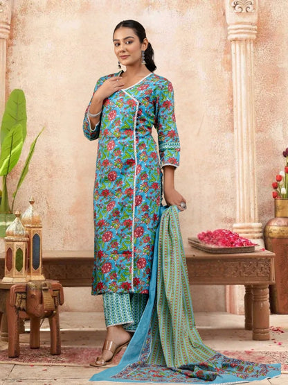 Floral Bliss Blue Cotton Kurta Set With Dupatta.