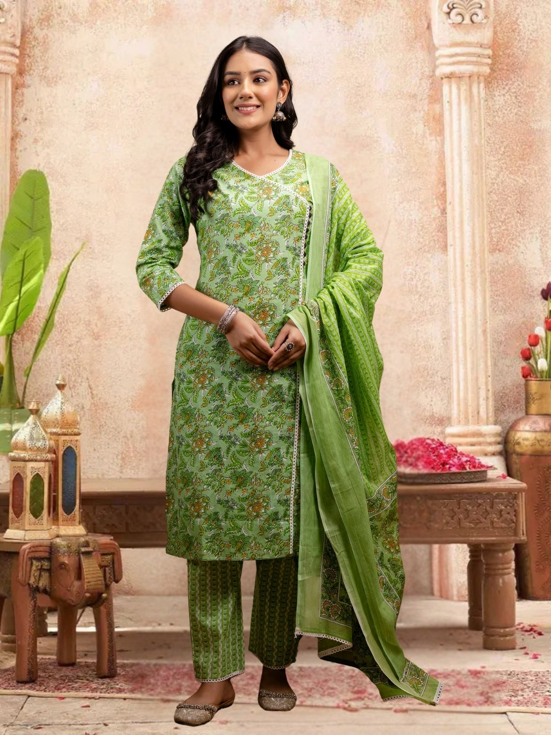 Floral Bliss Light Green Cotton Kurta Set With Dupatta.