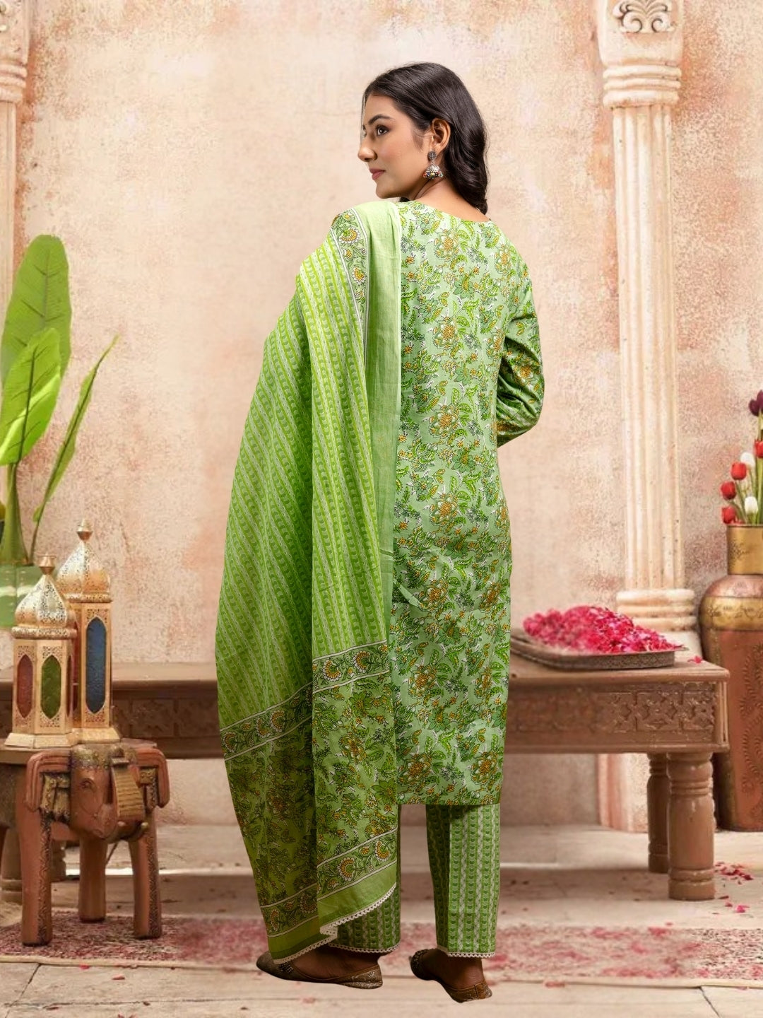 Floral Bliss Light Green Cotton Kurta Set With Dupatta.