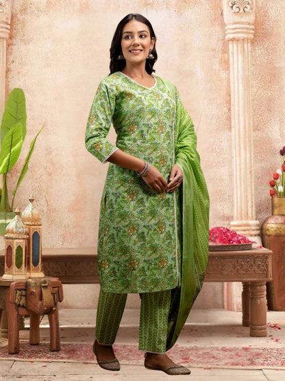 Floral Bliss Light Green Cotton Kurta Set With Dupatta.
