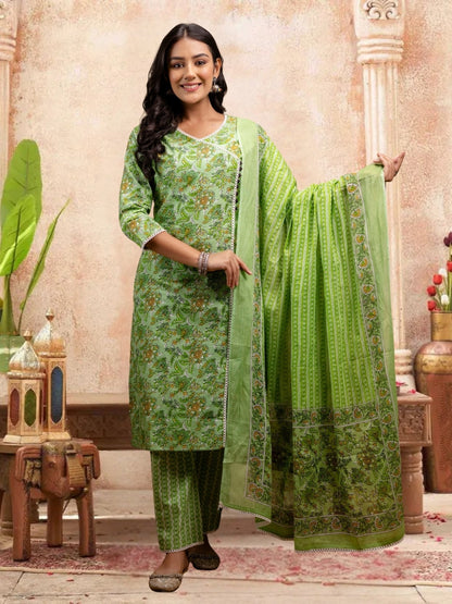 Floral Bliss Light Green Cotton Kurta Set With Dupatta.