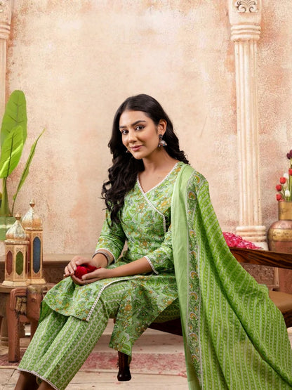 Floral Bliss Light Green Cotton Kurta Set With Dupatta.