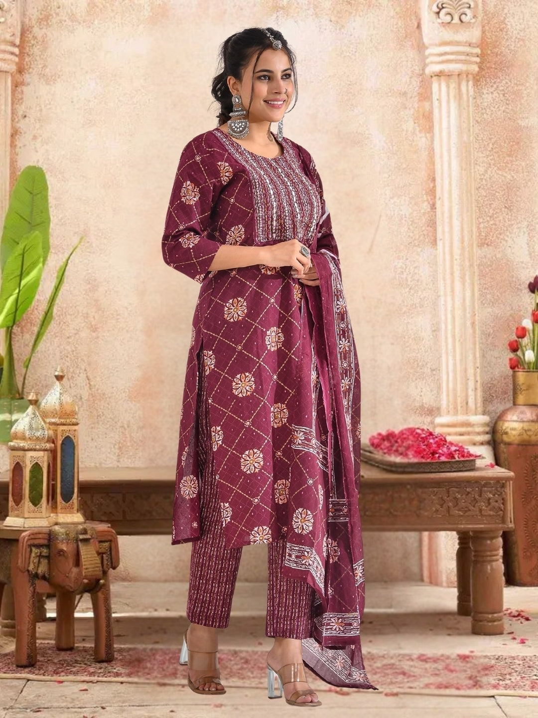 Maroon Bandhani Printed Kurta Set With Embroidered Yoke & Dupatta