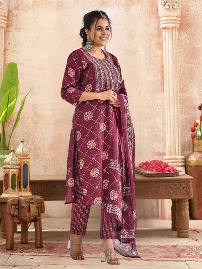 Maroon Bandhani Printed Kurta Set With Embroidered Yoke & Dupatta